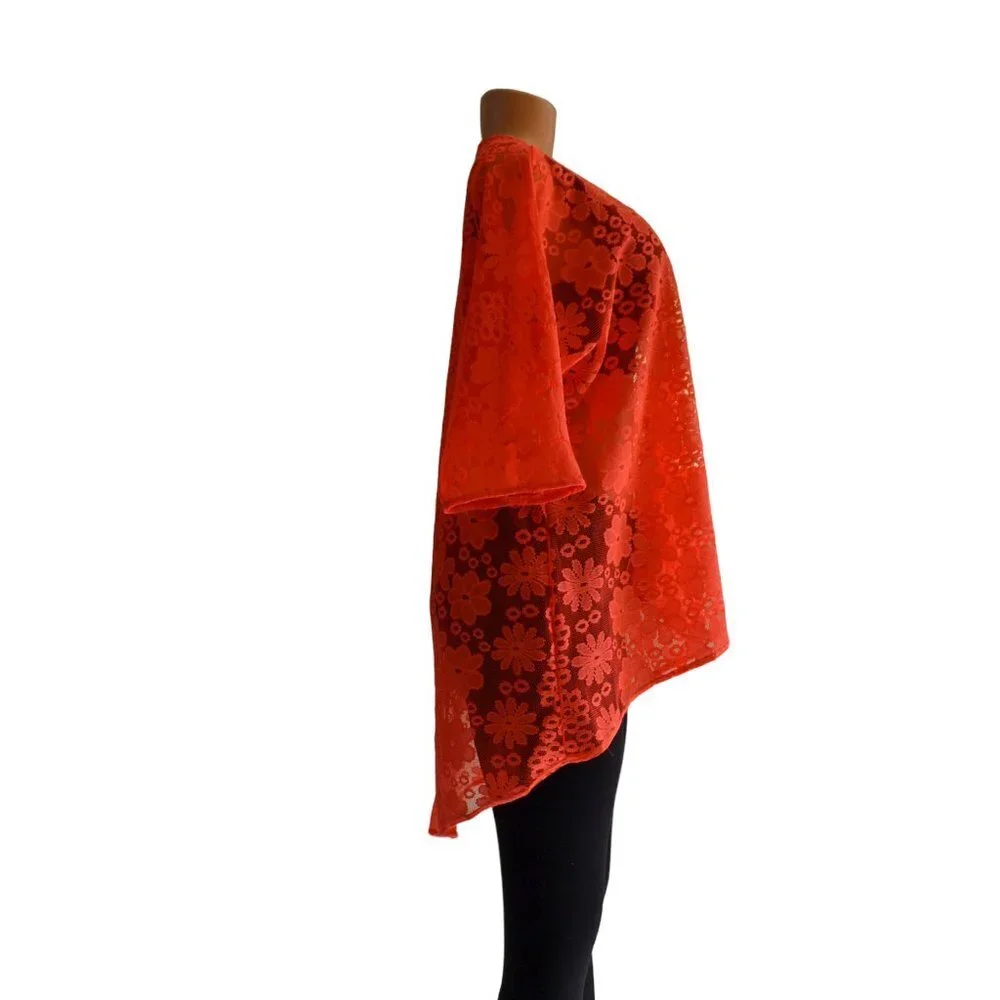 LuLaRoe Lindsay Kimono Neon Orange Floral Lace, Light Cover Up Halloween Fall - Picture 3 of 8